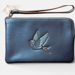 Coach Metallic Dark Teal Embossed Dove Corner Zip Wristlet. NWT